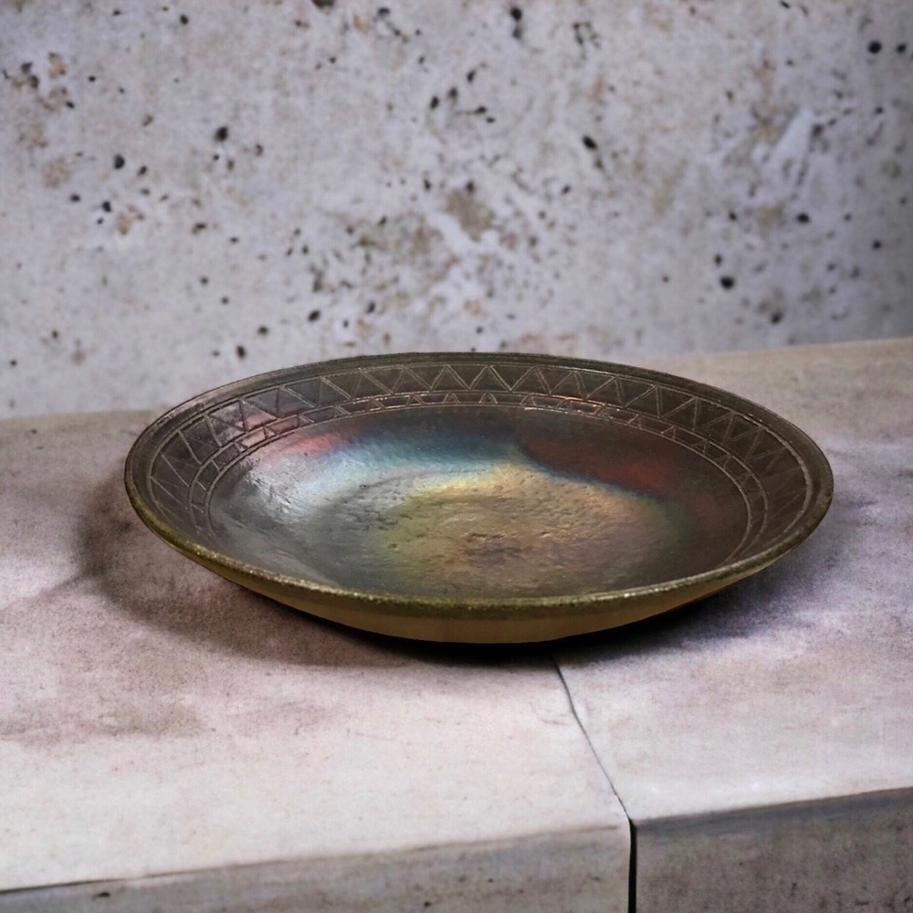 Gay Liebert Studio Art Pottery Raku Bowl 11.25" Copper Iridescent Signed